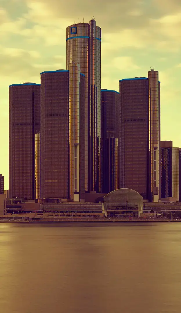 Downtown Detroit sunset skyline