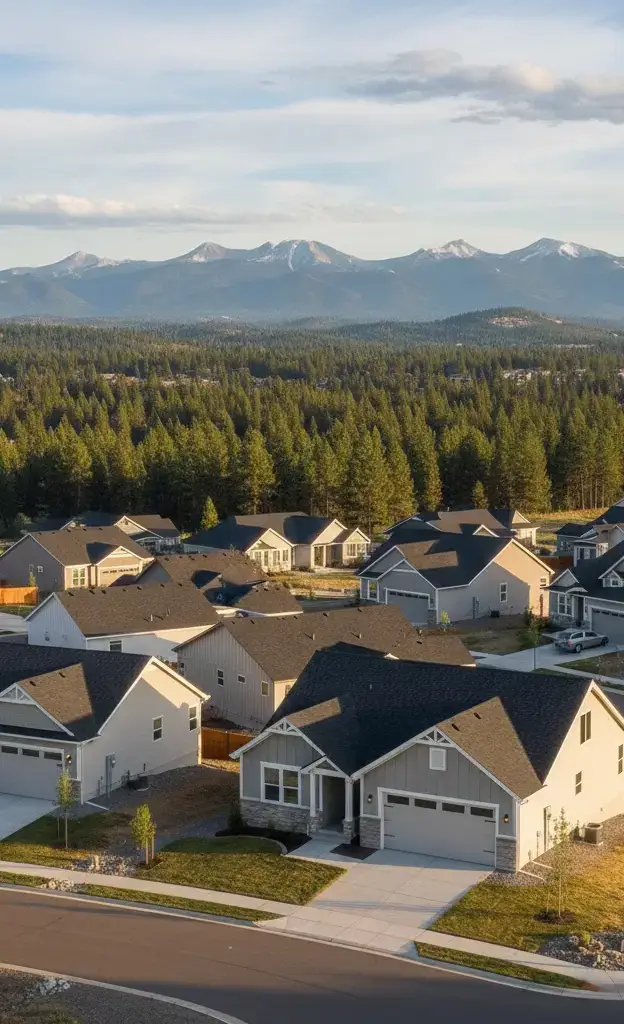 track home in Spokane, WA with forest and snowy mountains in the background
