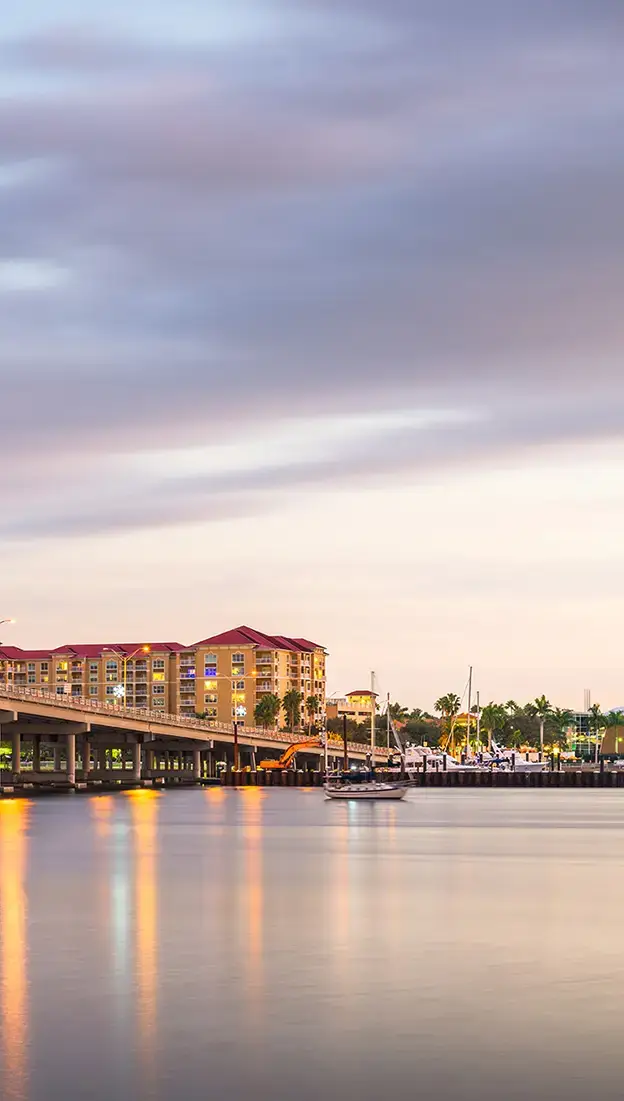 Port Charlotte bridge at sunset overlooking the water