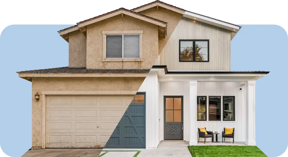 Before and after of a house flip: a stucco house on the left and the same house on the right with a modern exterior renovation.