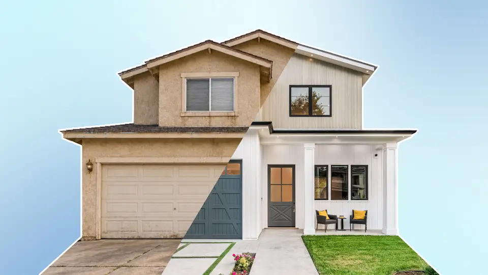 Before and after of a house flip: a stucco house on the left and the same house on the right with a modern exterior renovation.